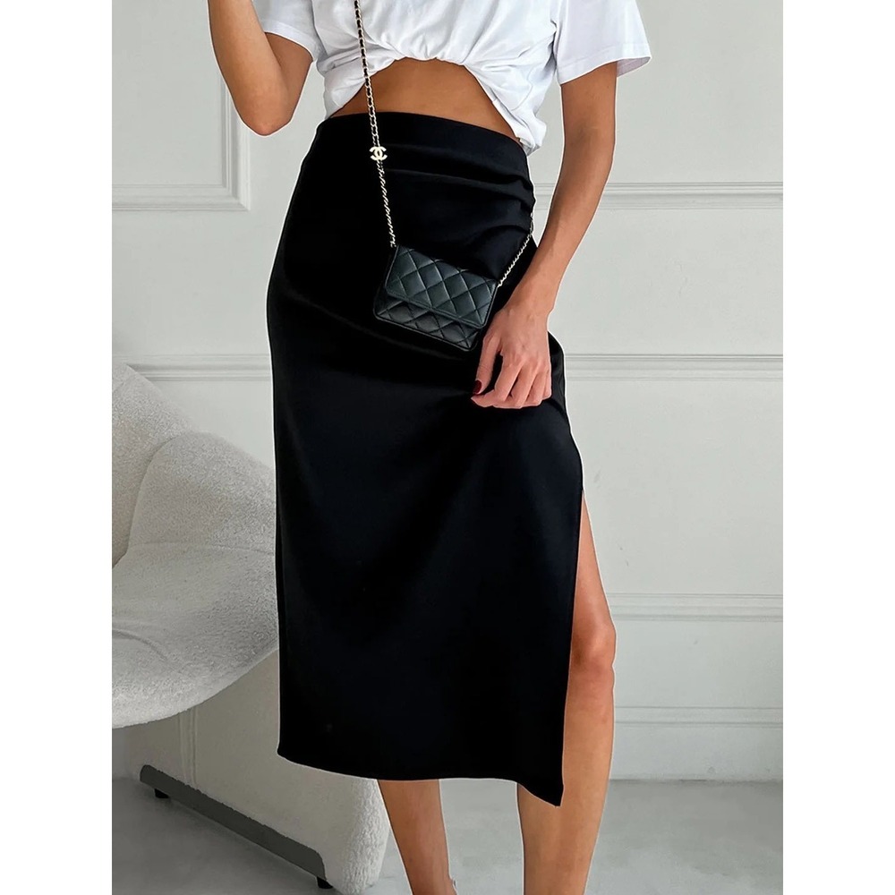 Commense Midi Skirt Size S Black Ruched Side Slit High Waisted Satin Finish